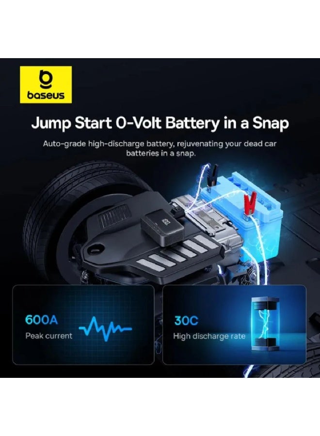 بيسوس باك بطارية قوة بدء التشغيل من Baseus 6000mAh 4 في 1 مع مصباح يدوي وضاغط أسود - Image 2